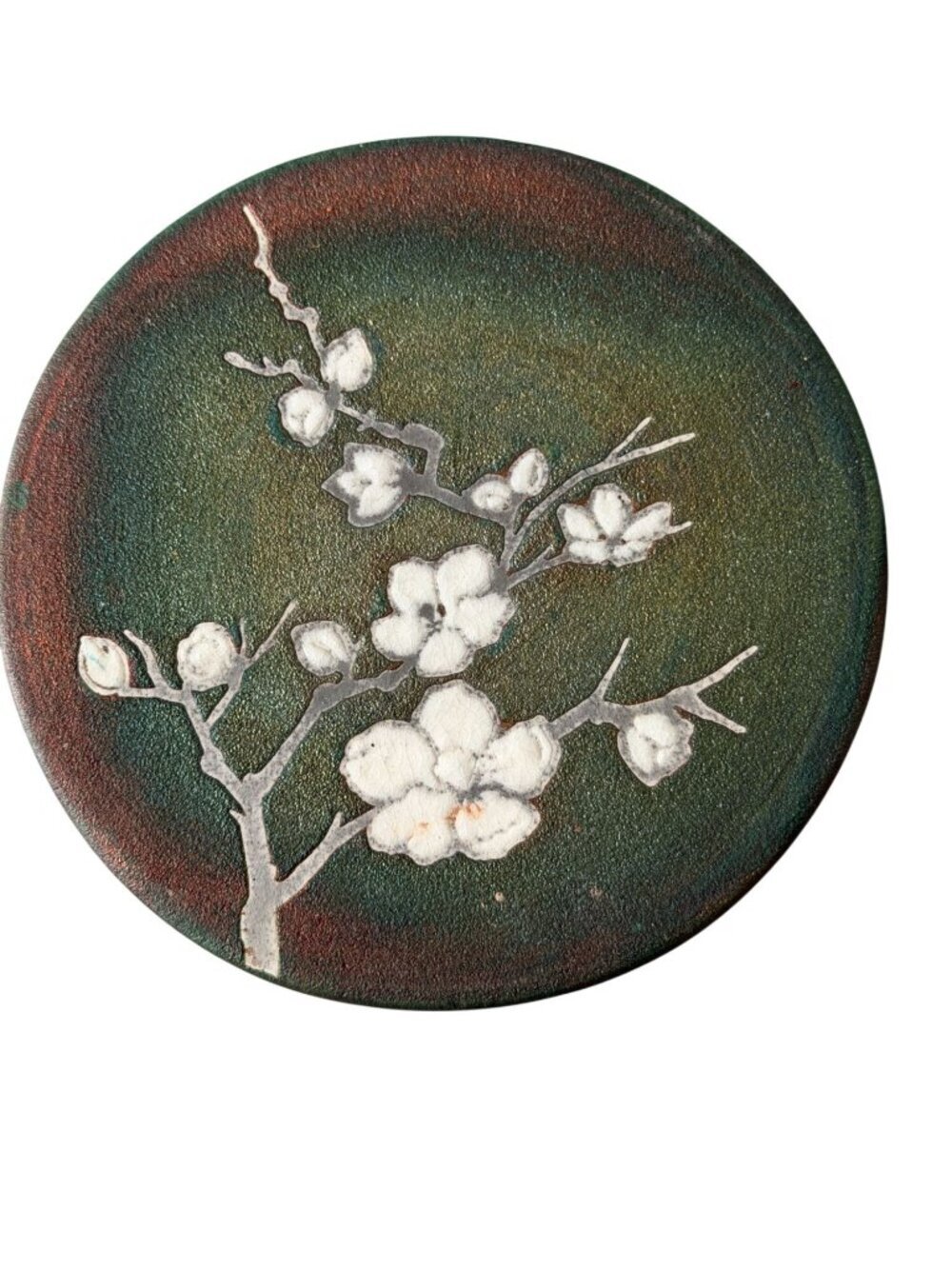 Jeremy Diller Studio Art Pottery Raku Cherry Blossom Flowers Green 4" Coaster